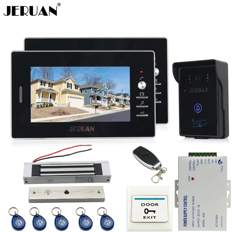 

JERUAN two 7`` luxury Video Intercom Entry Door Phone System+700TVL Touch Key Waterproof RFID Access Camera+Magnetic lock