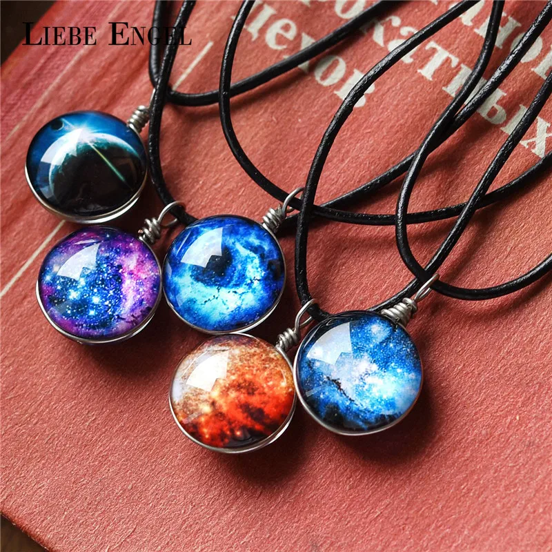 Image LIEBE ENGEL Double side Galaxy Star Cabochon Glass Pendant Necklaces Jewelry Women Black Waxed Thread Statement Necklaces 2017