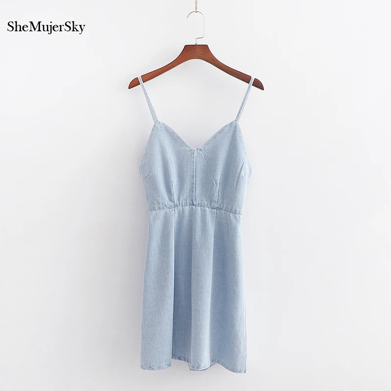 SheMujerSky Women Blue Denim Mini Dress Stappy Backless Bandage Short Slim Ladies Dress zomerjurk dames 2019
SheMujerSky Women Blue Denim Mini Dress Stappy Backless Bandage Short Slim Ladies Dress zomerjurk dames 2019