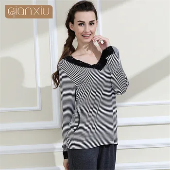 Qianxiu Brand Pajamas Women Classic Stripes Sleepwear Knitted V-Neck Pajamas Set Women Nightwear Casual Suit Nightdress Onsie
Qianxiu Brand Pajamas Women Classic Stripes Sleepwear Knitted V-Neck Pajamas Set Women Nightwear Casual Suit Nightdress Onsie