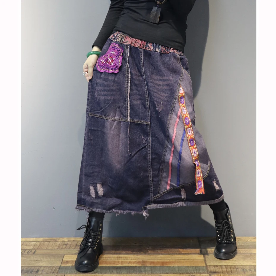 Women Denim Skirt Retro Vintage Fashion Casual Long Midi Big Loose Elastic Waist Skirt Appliques Patchwork Bleached AZ393225523
Women Denim Skirt Retro Vintage Fashion Casual Long Midi Big Loose Elastic Waist Skirt Appliques Patchwork Bleached AZ393225523