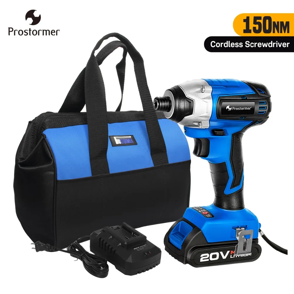 

PROSTORMER 20V Brushless Impact Cordless Screwdriver 150NM Tool Bag 2000mAh Battery Pack Wireless Rechargeable Screwdriver