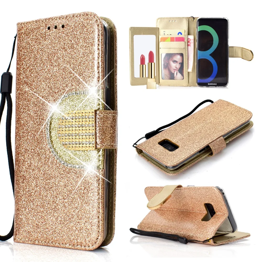 Bling Glitter PU Leather Case for Samsung Galaxy S8 S9 Plus with Mirror Multi Card Holders Pockets Magnetic Wrist Strap for Girl
Bling Glitter PU Leather Case for Samsung Galaxy S8 S9 Plus with Mirror Multi Card Holders Pockets Magnetic Wrist Strap for Girl