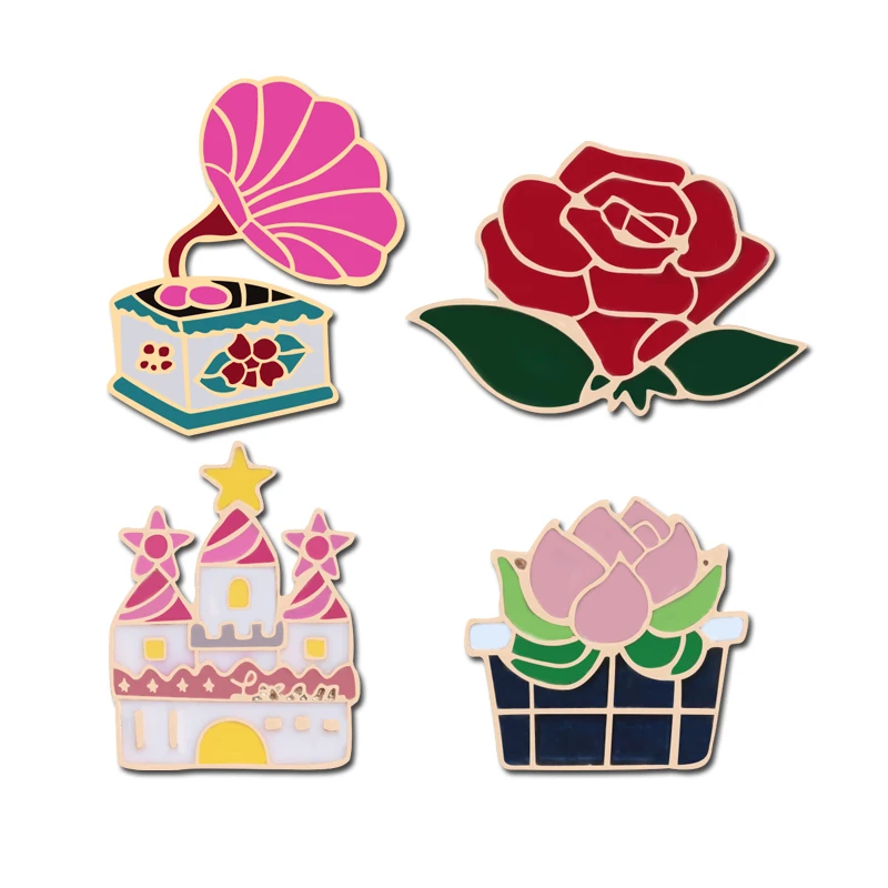 

Cartoon Brooches Vintage Music Player Pins Pink Castle Rose Blossoms Potted Flower Pin Denim Lapel Corsage Bags Badges For Women