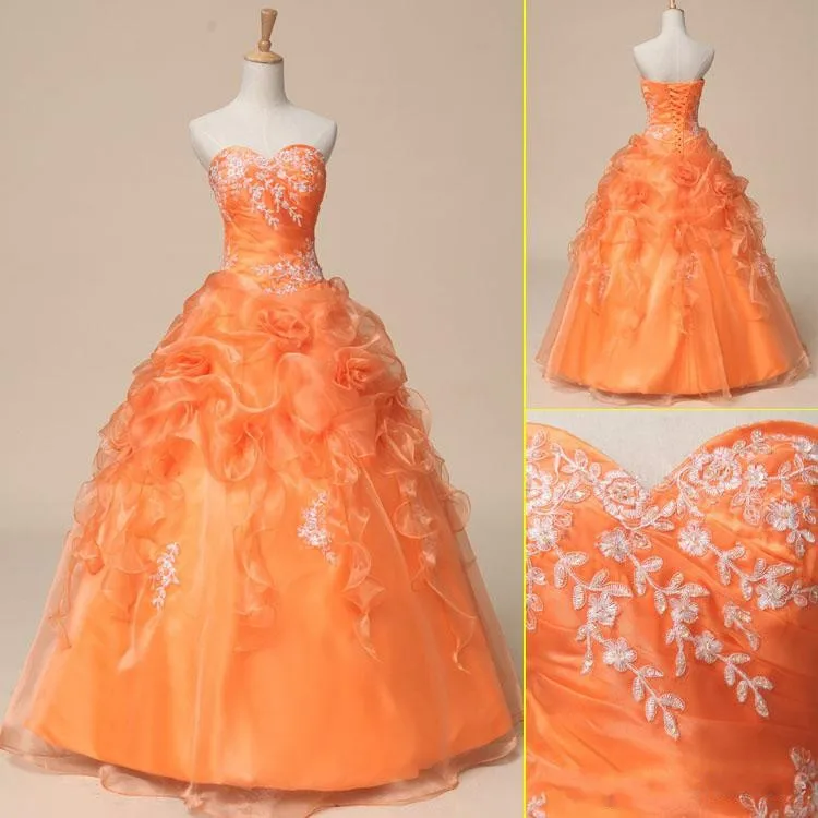 Exquisite Orange Sweetheart Lace-up Back Ball Gown Quinceanera Dresses Floor-length Appliques Beads Sequins Handmade Flower
Exquisite Orange Sweetheart Lace-up Back Ball Gown Quinceanera Dresses Floor-length Appliques Beads Sequins Handmade Flower