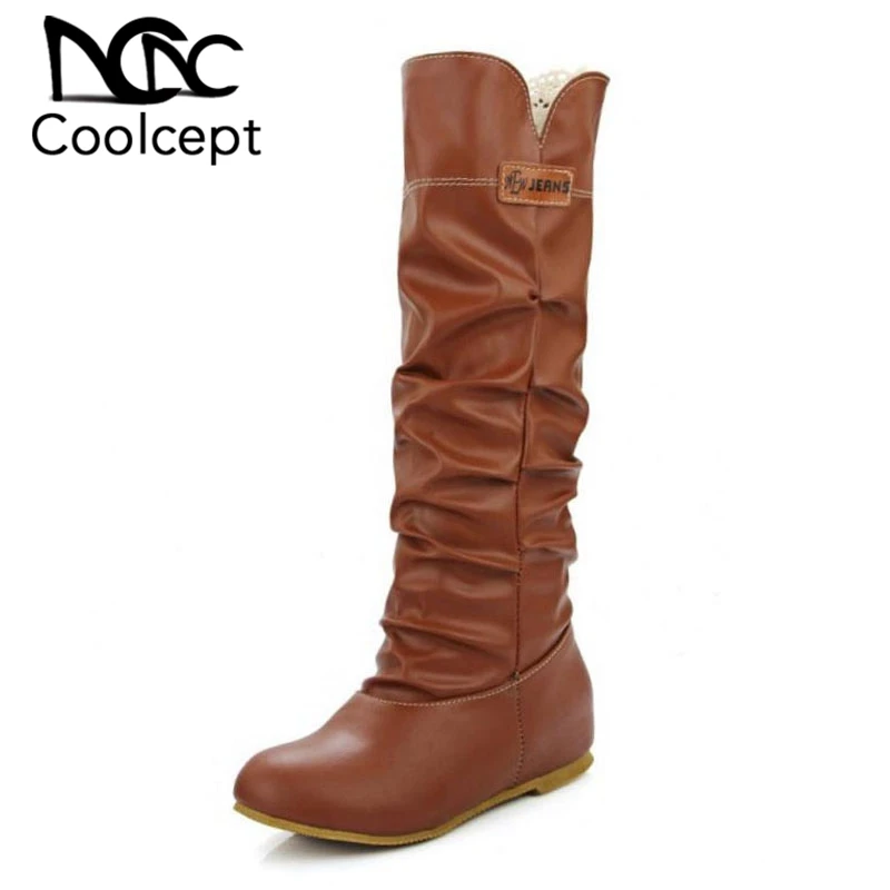Coolcept Plus Size 34-46 Fashion Female Woman Knee High Boots Flat Heel Russian Women Boots Lace Boots Autumn Winter Shoes