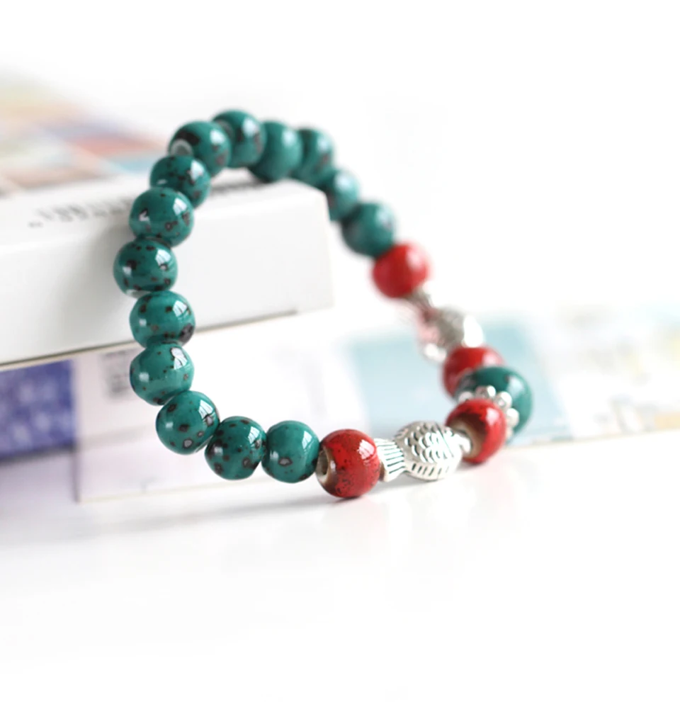 Handmade High Temperature Ceramic Creative Bracelet For Women Fish Shape Lucky Bracelets Bead Green String Ceramic Bracelets (1)