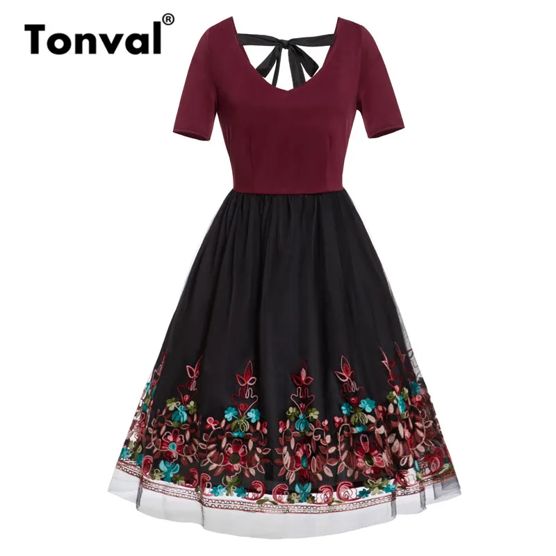 Tonval Burgundy Elegant Embroidery Mesh Midi Dress Tie V Back Glamorous Vintage Short Sleeve Backless Summer Women Dresses
Tonval Burgundy Elegant Embroidery Mesh Midi Dress Tie V Back Glamorous Vintage Short Sleeve Backless Summer Women Dresses