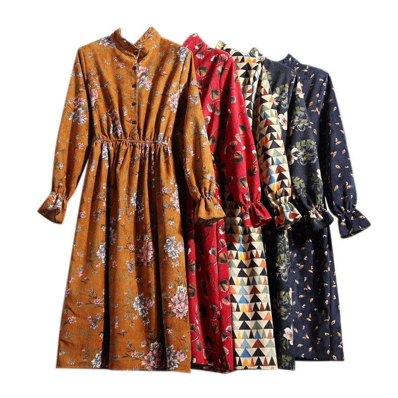 Women Full Sleeve Flower Plaid Print Dresses Corduroy High Elastic Waist Vintage Thick Winter Dress A-line Style Slim Feminino
Women Full Sleeve Flower Plaid Print Dresses Corduroy High Elastic Waist Vintage Thick Winter Dress A-line Style Slim Feminino