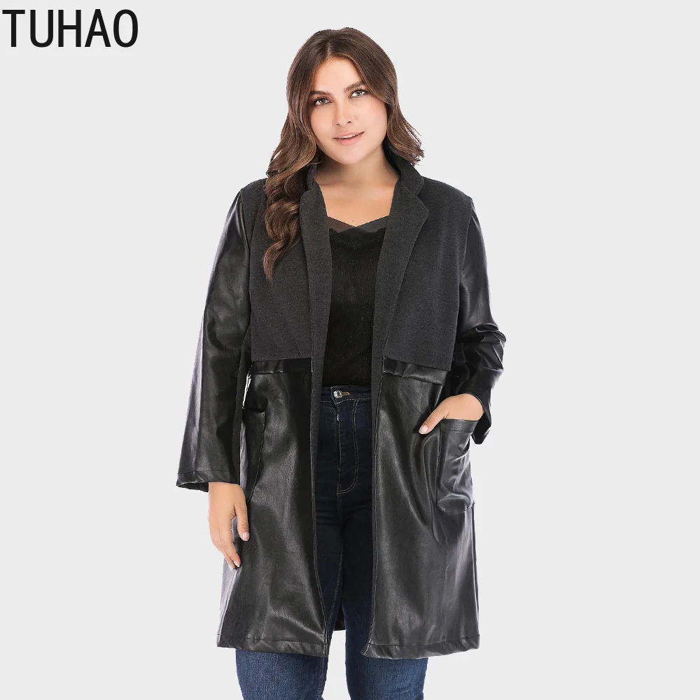 

TUHAO Autumn Winter Women's Coats Solid Black Long Style Plus Size 5XL 4XL 3XL Jacket Office Lady Faux PU Leather Coat LW99