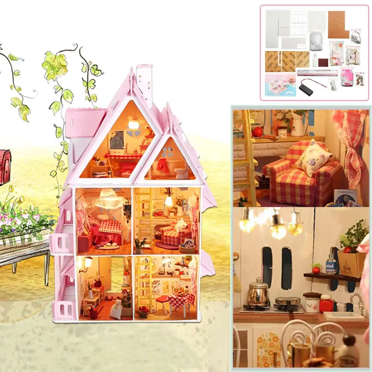 wooden dolls house miniature box for children gift handmade led
