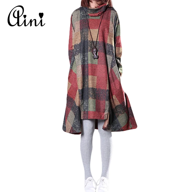 Image Autumn and Winter Dress Plus Size Clothing Loose Women Dress Turtleneck Irregular Full Dress Plaid Long Sleeve Winter Dress