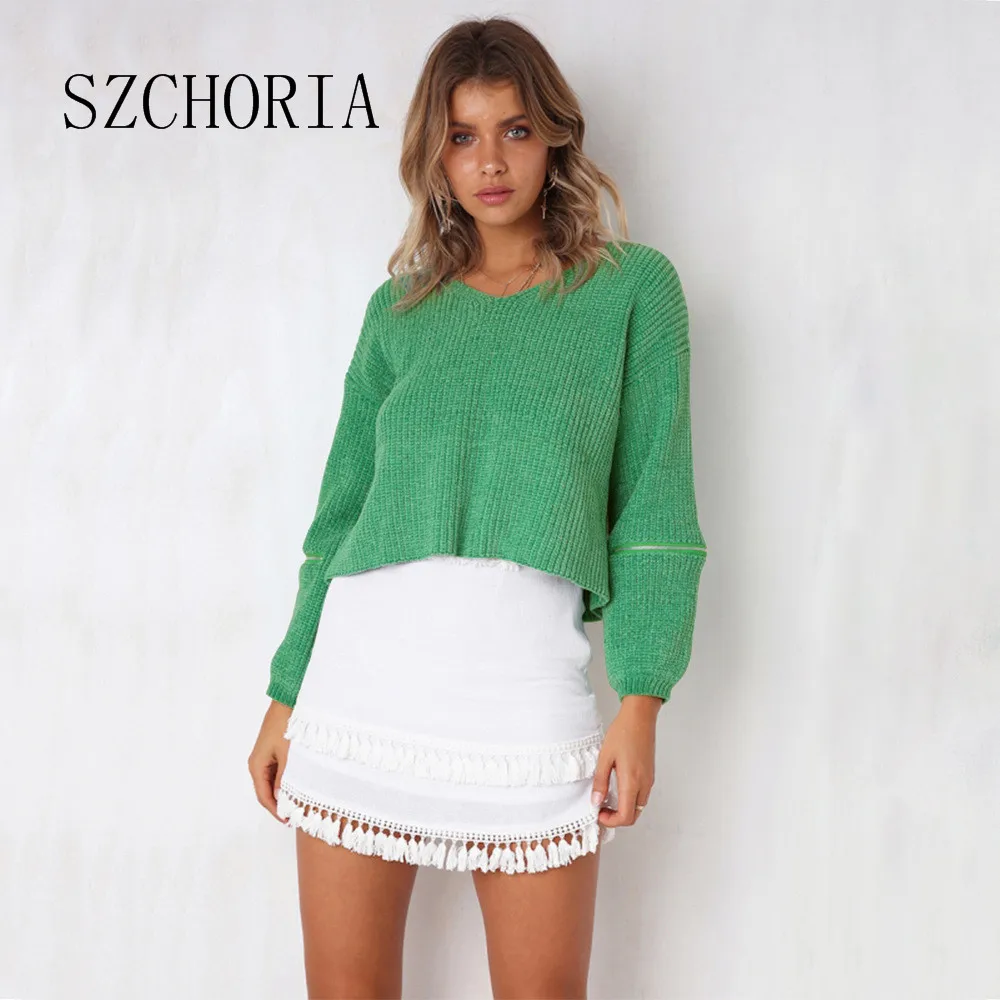 SZCHORIA New Fashion Sweater Women Sexy V Neck Zipper Long Sleeve Design Solid Color Loose Slim Knit | Женская одежда