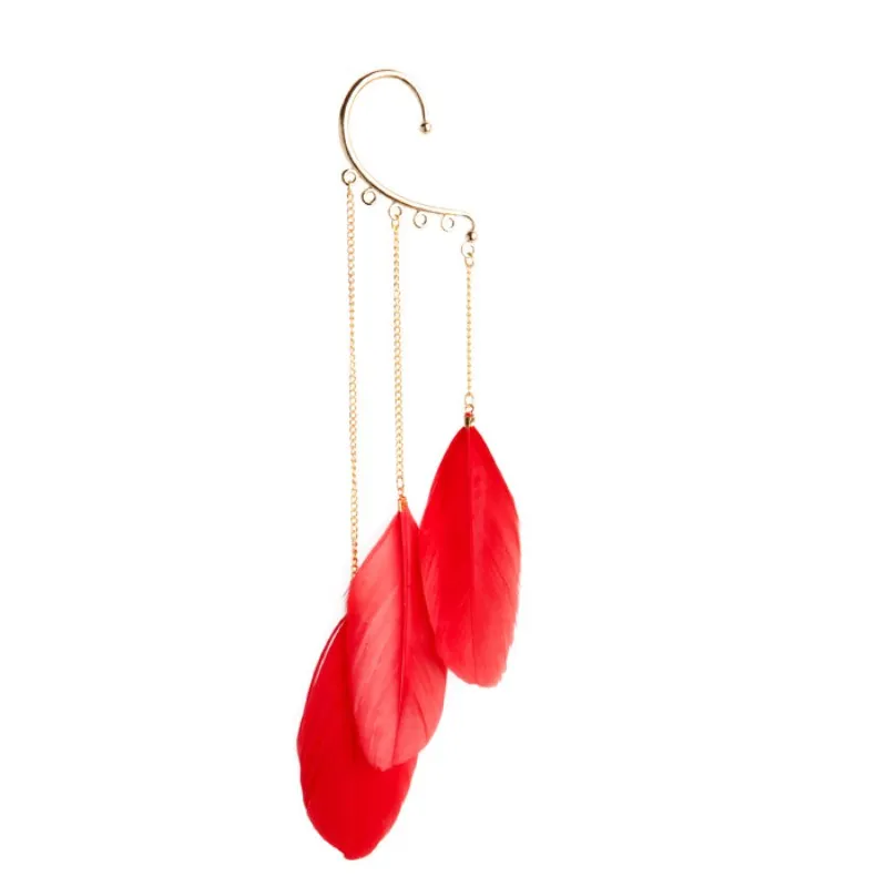 Hot street Feather earrings cuff red (1)