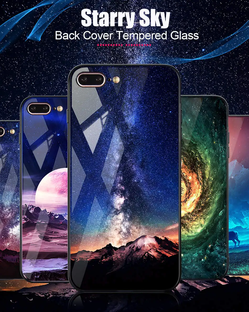 TOMKAS Space Star Case For iPhone X Case Tempered Glass Patterned For iPhone 7 6 Plus 6s 8 Cases Glossy TPU Soft Edge Cover