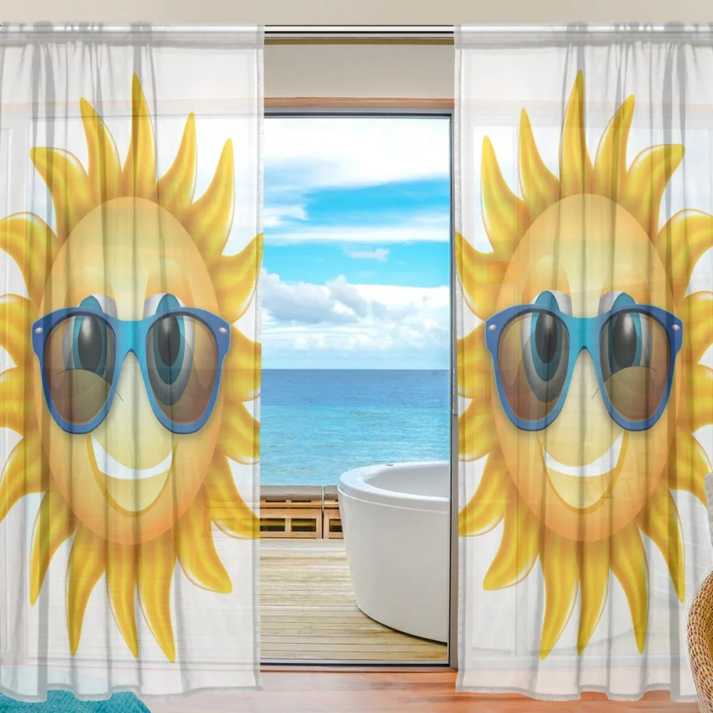 

Cartoon Sheer Door Curtain Panels Cool Sun Wear Sunglass Window Curtains Voile Sheers 2 Panels Set for Living Room Bedroom