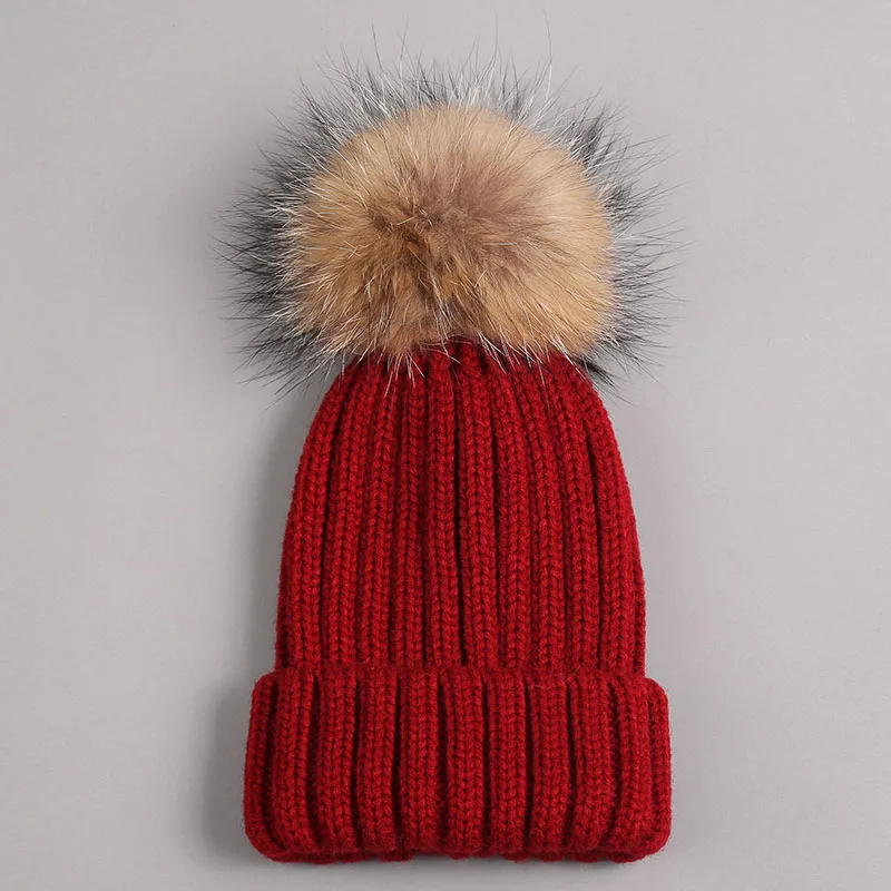 kid hat with fur pompom red 1