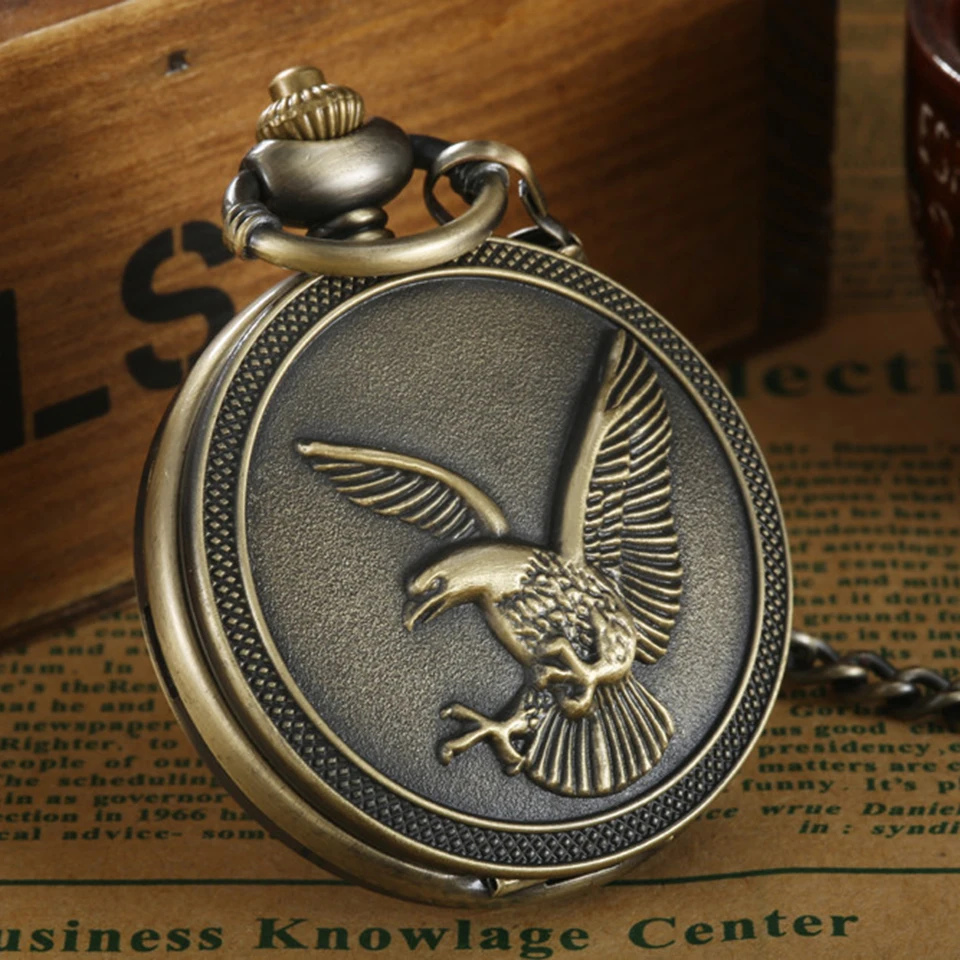Eagle Laser Engraved Watches Men Quartz Pocket Watch Pendant Necklace Clock with Chain for Collection Relogio De Bolso Gifts