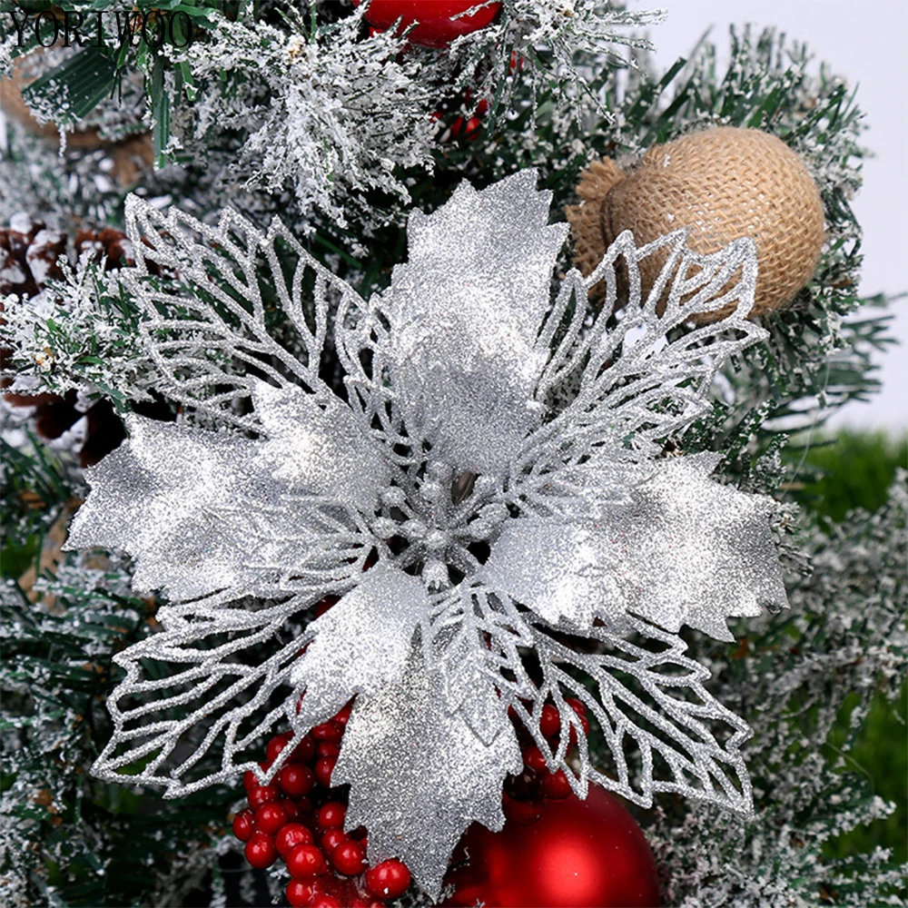 

YORIWOO 6pcs Artificial Christmas Flowers Glitter Fake Flowers Merry Christmas Tree Decorations For Home 2019 Gift Xmas Ornament