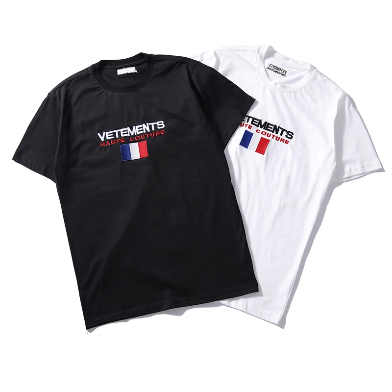

Vetements HAUTE-COUTURE Flag of France Embroidery T-Shirts Men Spring Summer Loose Cotton T-shirt Black And White O-Neck Tees