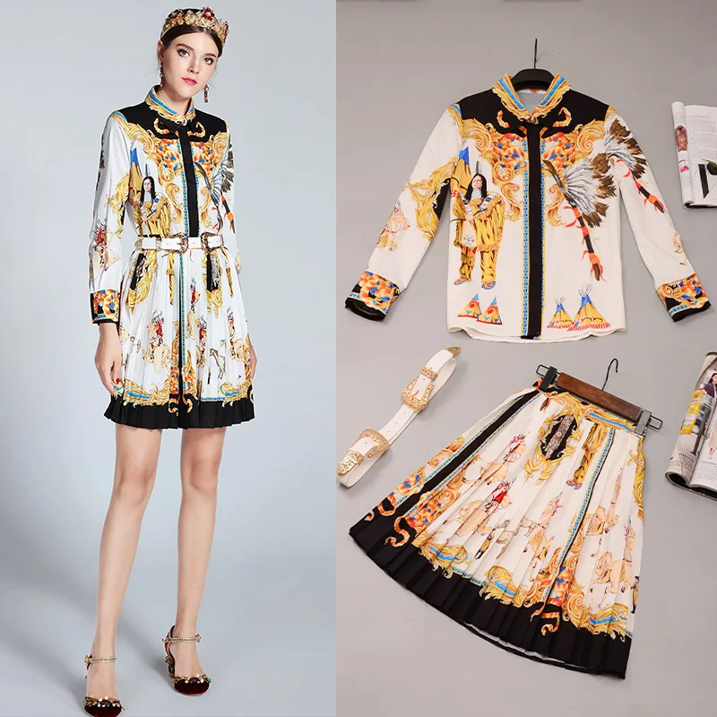 Quality European Women Indie Folk 2 Pieces Set Vintage Pattern Printing Runway Pleated Twin Sets with Belt Outfits Skirt Suits
Quality European Women Indie Folk 2 Pieces Set Vintage Pattern Printing Runway Pleated Twin Sets with Belt Outfits Skirt Suits