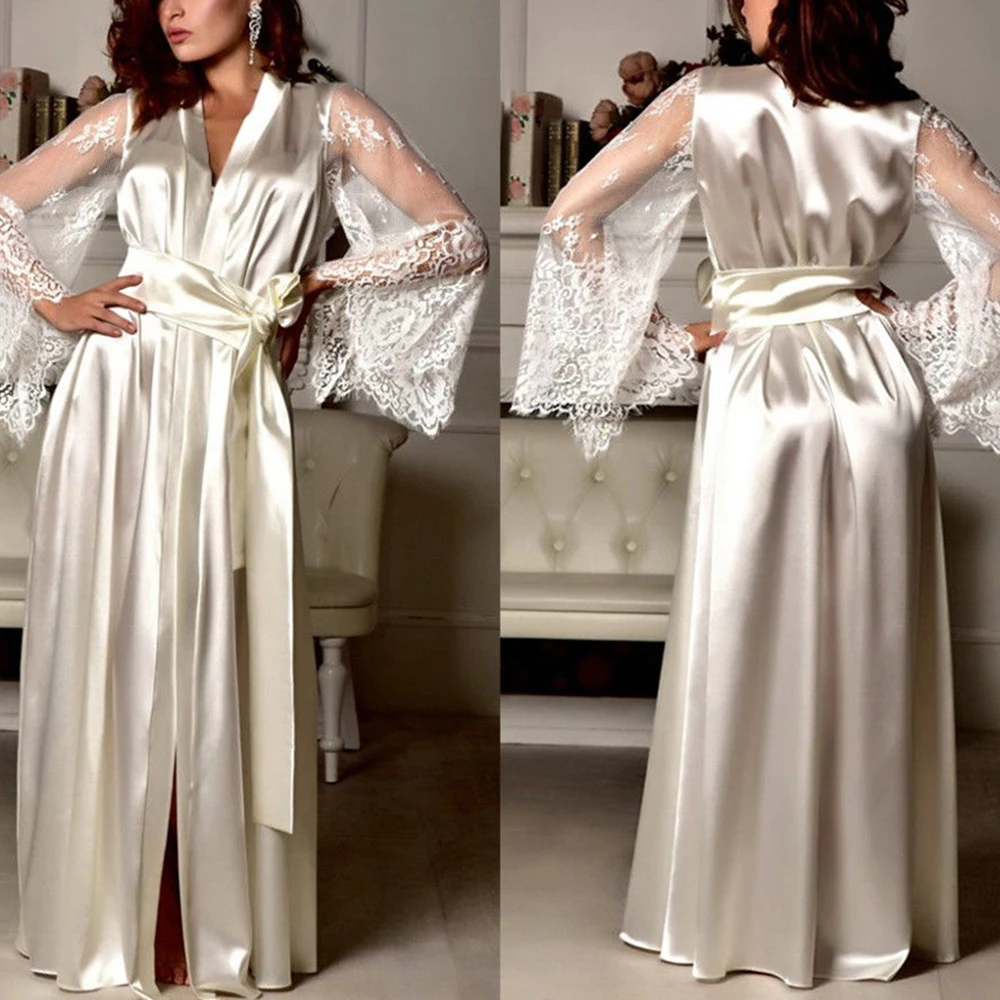 2019 New Women V-Neck Silk Satin Lingerie Robe Dress Summer Sexy Lace Belt Gown Nightgown Sleepwear Split Black White Plus Size
2019 New Women V-Neck Silk Satin Lingerie Robe Dress Summer Sexy Lace Belt Gown Nightgown Sleepwear Split Black White Plus Size