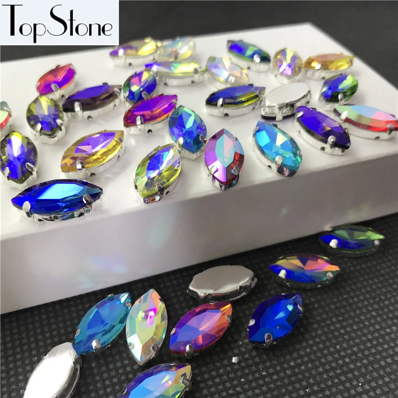 

MIX AB Color 5x10,7x15,9x18,13x27,17x32mm Navette Fancy Stone With Silver Claw setting Marquise Sewing Glass Crystals