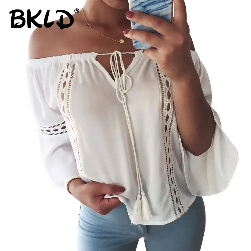 

BKLD Summer New Arrival 2024 Casual Women Shirt Sexy Off Shoulder White Chiffon Blouse Flare Sleeve Hollow Out Feminine Blouses