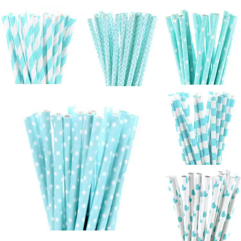 25pcs Lot Light Blue Drinking Paper Straws For Kids Birthday