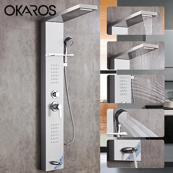 

OKAROS Waterfall Rain Shower Faucets Nickel Brushed Shower Panel With Hand Shower Bathroom Sheft Tub Spout Tower Shower Column