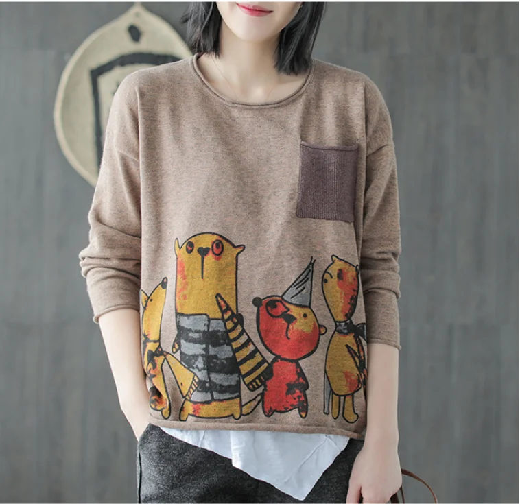 Autumn Winter Sweater Fashion Loose Character Tops O-Neck Mori girl Blended 2018 Female Casual | Женская одежда