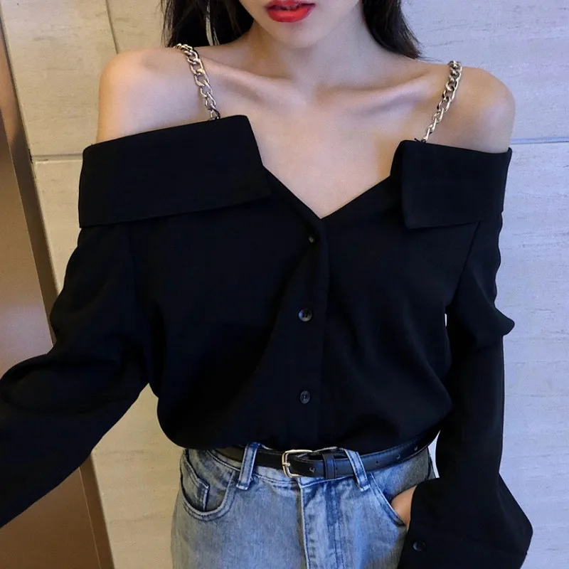 Spring Streetwear Vintage V-neck Chain Strapless Lapel Women Blouse Sexy Korean Style Solid Color Loose Casual Female Shirt
Spring Streetwear Vintage V-neck Chain Strapless Lapel Women Blouse Sexy Korean Style Solid Color Loose Casual Female Shirt