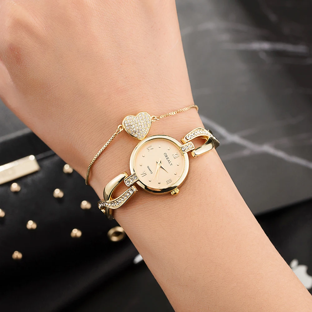 

GREALY Women alloy watches with lovely heart pendant bracelet set for gift watch box top hot designer ladies dress wristwatches