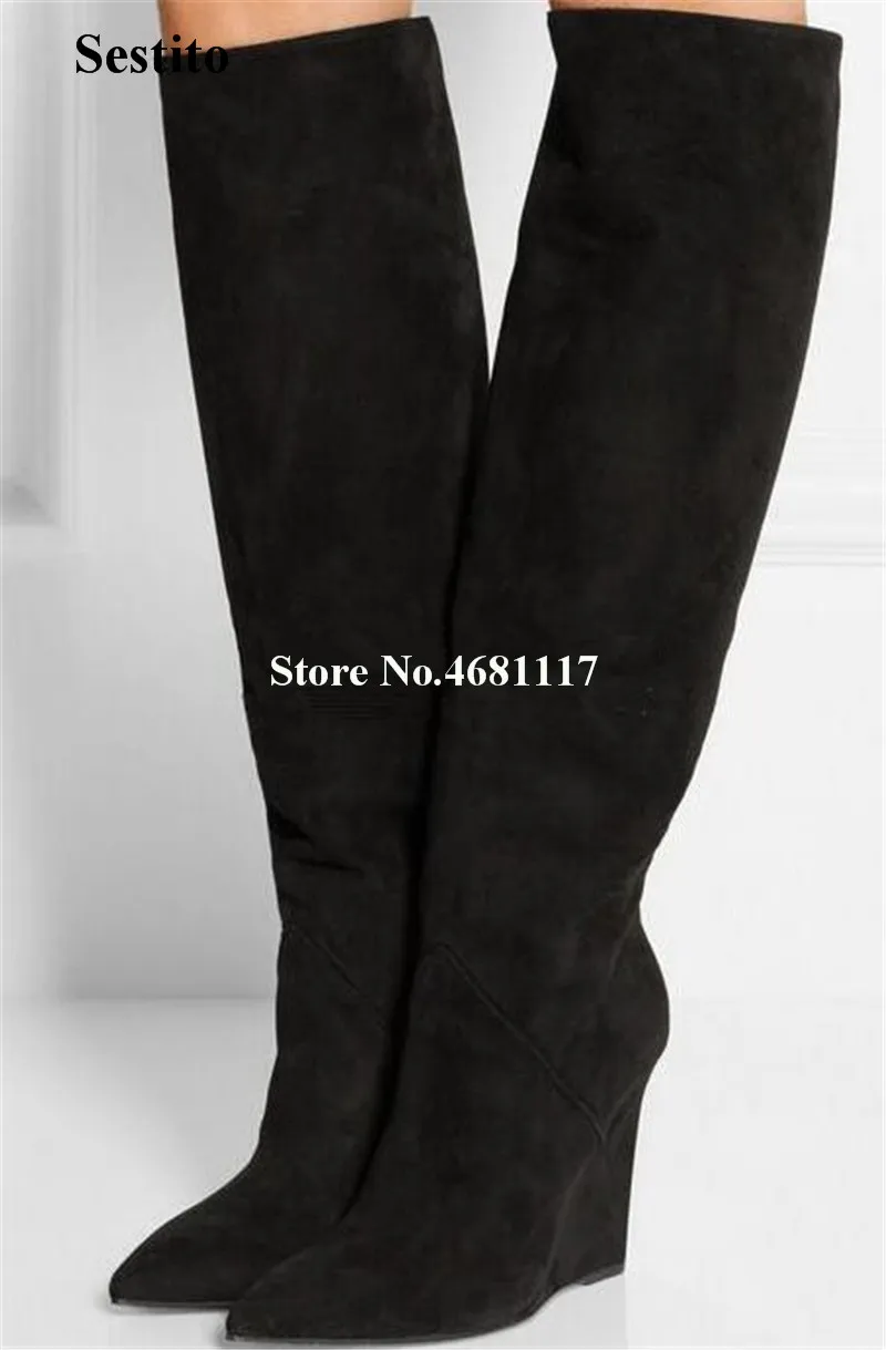 New Design Women Fashion Pointed Toe Suede Leather Knee High Wedge Boots Black Grey Slim Style Height Increased Wedge Boots
New Design Women Fashion Pointed Toe Suede Leather Knee High Wedge Boots Black Grey Slim Style Height Increased Wedge Boots
