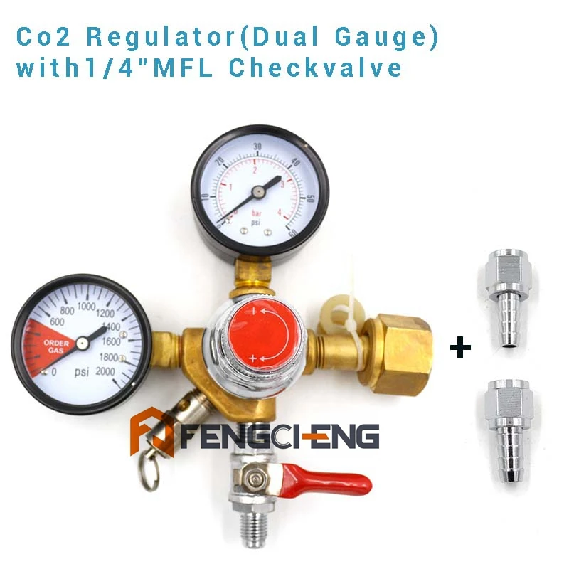 CO2 Dual Gauge Regulator with 1/4"MFL Checkvalve, Homebrew CO2 Regulator, 0~2000psi, 0~60psi, CGA320
CO2 Dual Gauge Regulator with 1/4"MFL Checkvalve, Homebrew CO2 Regulator, 0~2000psi, 0~60psi, CGA320