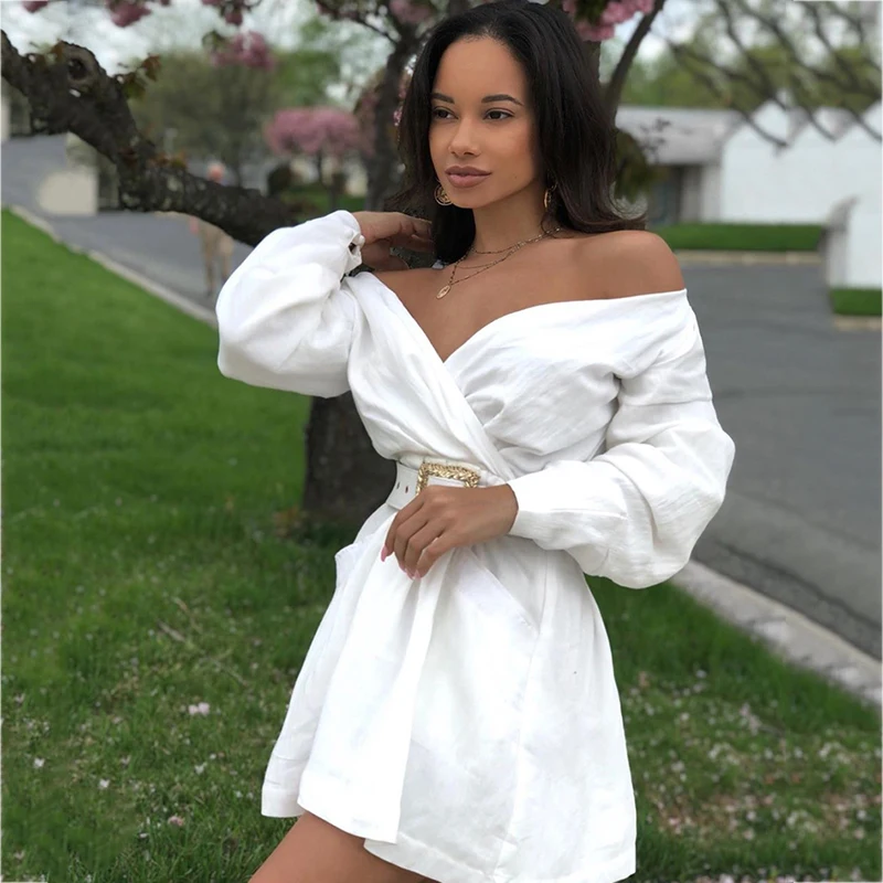 Autumn Dress Women Off Shoulder Mini White Dress Sexy With Belt V-neck Party Club Wear A-line Casual Elegant Dress 2019
Autumn Dress Women Off Shoulder Mini White Dress Sexy With Belt V-neck Party Club Wear A-line Casual Elegant Dress 2019