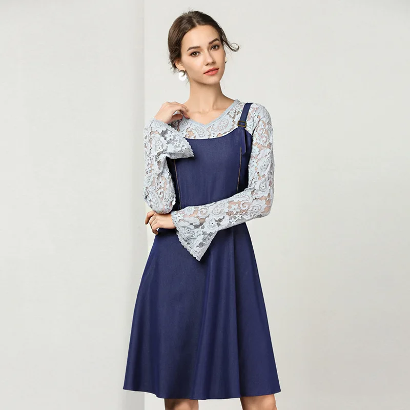 2018Autumn Fashion women elegant denim dress lace patchwork faux two jeans party dress vestidos V-neck plus size tunics L-XXXXXL
2018Autumn Fashion women elegant denim dress lace patchwork faux two jeans party dress vestidos V-neck plus size tunics L-XXXXXL