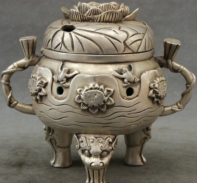 JP S0608 Marked Chinese Silver Temple Buddhism Lotus Frog Statue Incense Burner Censer
JP S0608 Marked Chinese Silver Temple Buddhism Lotus Frog Statue Incense Burner Censer