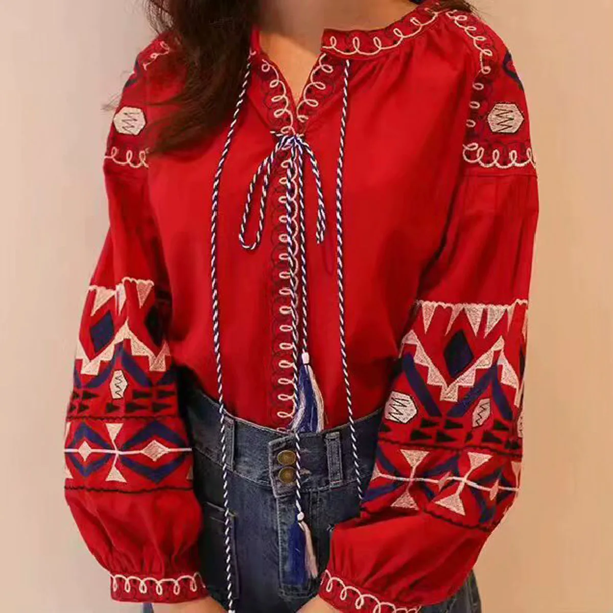 V-neck Red Embroidered Long Lantern Sleeve Tassels Blouse Women Shirts Top Chic Ukraine Blouses Tops
V-neck Red Embroidered Long Lantern Sleeve Tassels Blouse Women Shirts Top Chic Ukraine Blouses Tops
