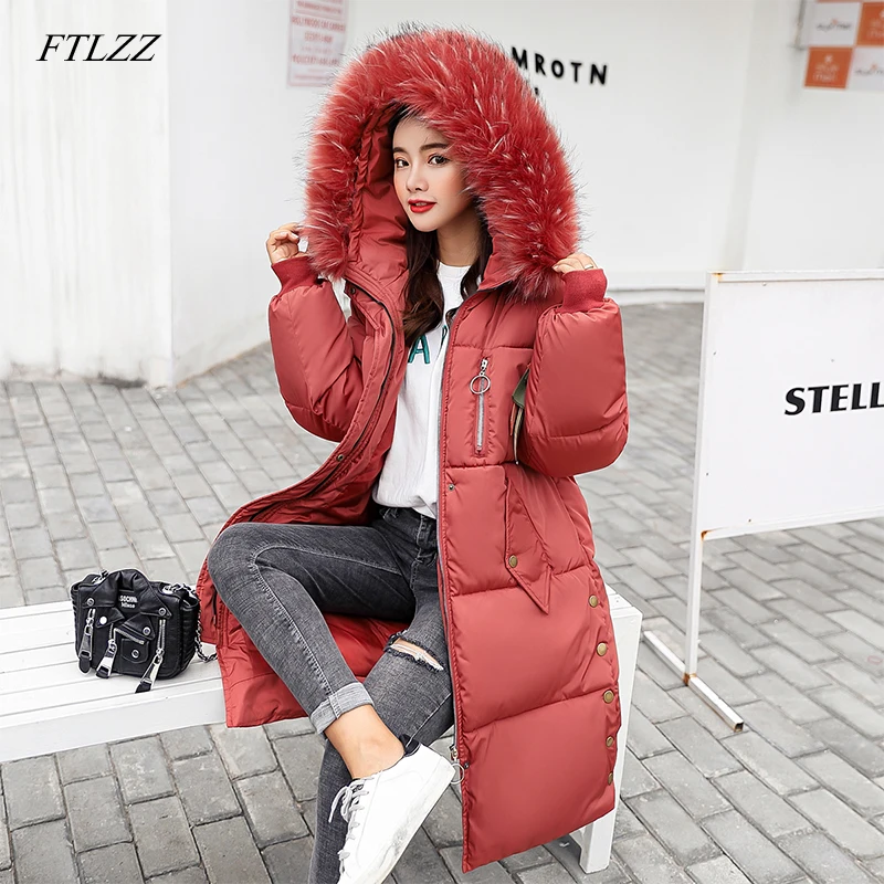 Ftlzz зимнее пальто утепленная парка Для женщин шить свободные длинные зимние вниз
