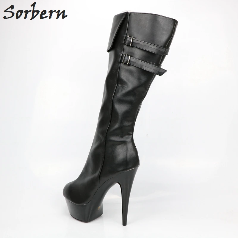 Sorbern White Matt PU Mid Calf Boots Large Size 15CM High Heels Round Toe Punk Woman Shoe Zip UP Boots Size 40 Ladies Shoes