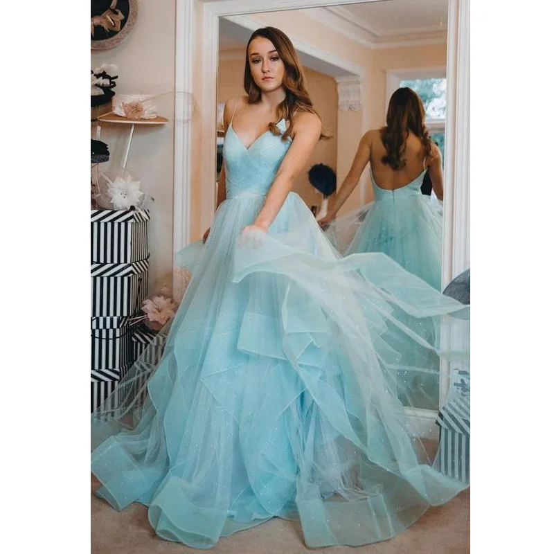 Sexy Backless Evening Gowns vestidos de noche Ice Blue Evening Dresses Spaghetti Straps Long Sparkling Tulle Formal Party Gown
Sexy Backless Evening Gowns vestidos de noche Ice Blue Evening Dresses Spaghetti Straps Long Sparkling Tulle Formal Party Gown