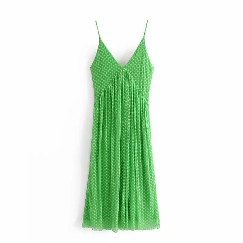 Vintage Chic Green Dot Print Mesh Dress Sexy Spaghetti Strap V-Neck Long Dresses for Women Summer New Fashion
Vintage Chic Green Dot Print Mesh Dress Sexy Spaghetti Strap V-Neck Long Dresses for Women Summer New Fashion