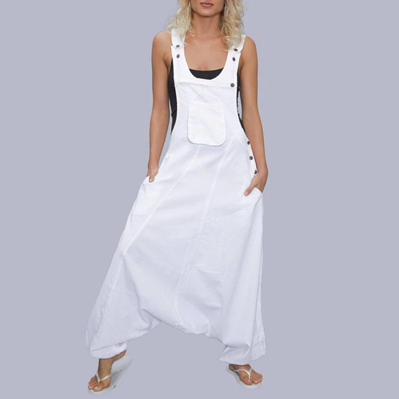 

New Solid Color Plus Size Long Jumpsuits Cargo Fashion Roupas Feminina Jumpsuits U Neck Sleeveless Backless Side Pockets Baggy