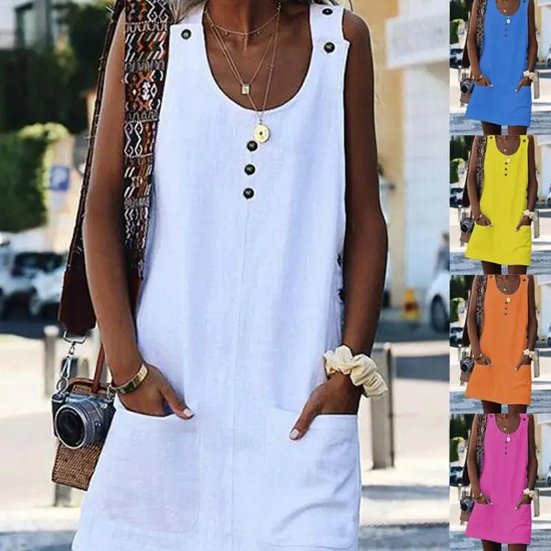 Women O-neck Button Mini Dresses Summer Solid sleeveless Pockets Dress Casual Beach A-line Dress Sundress 4 Size S-XL
Women O-neck Button Mini Dresses Summer Solid sleeveless Pockets Dress Casual Beach A-line Dress Sundress 4 Size S-XL