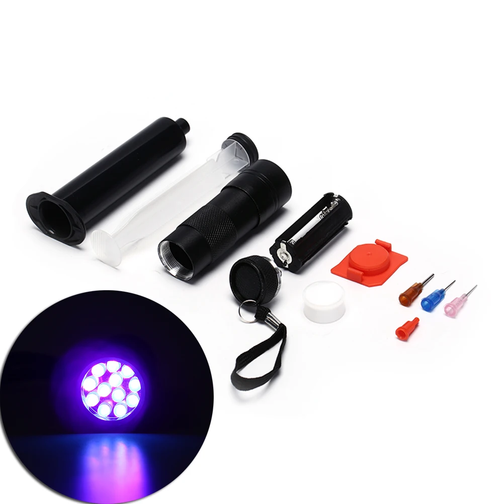 

1 SET Buzzer Bug Nymph Flashlight and Syringe Coating Tools 12 LEDs Super Bright Fishing Light UV Glue Cure Fly Tying UV Kits