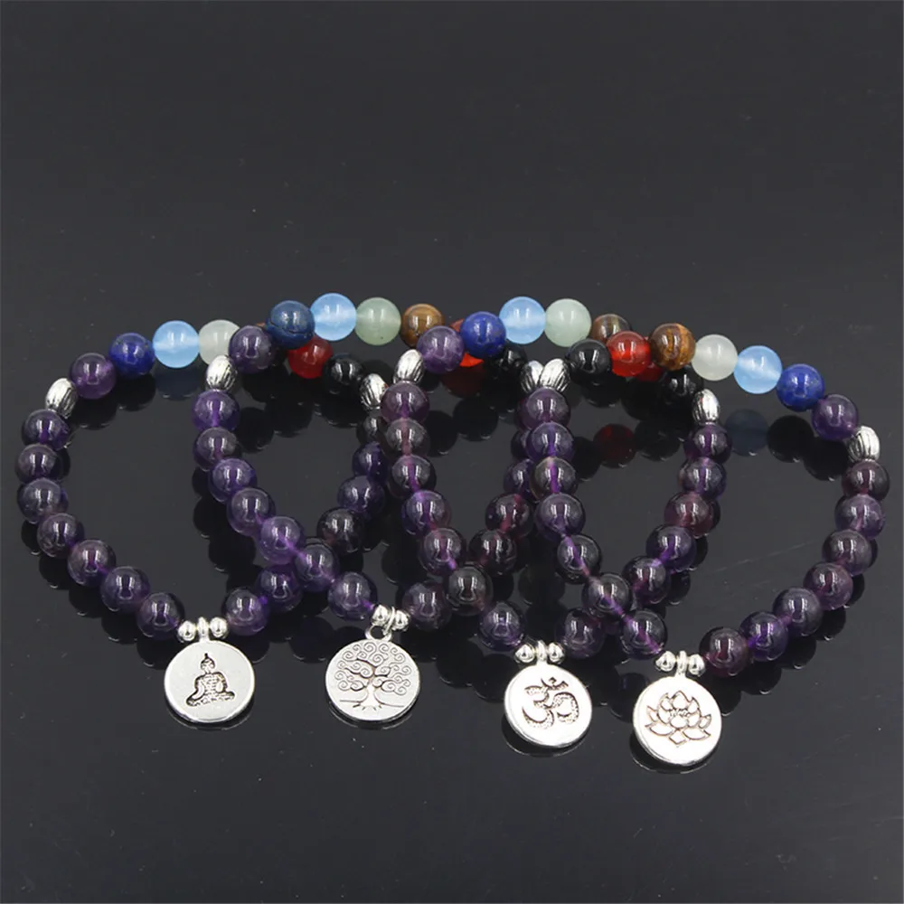 Fashion 7 Chakra Mala Natural Purple Crystal 8mm Beads Bracelet Yoga Lotus OHM Buddha Alloy Charm Bracelet for Women Wholesale
Fashion 7 Chakra Mala Natural Purple Crystal 8mm Beads Bracelet Yoga Lotus OHM Buddha Alloy Charm Bracelet for Women Wholesale