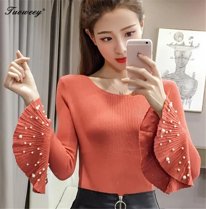 2018 sexy autumn Pearl Sweater Beaded Knit Jumper Winter Womens Pullover Sweaters 4 color o-neck Long flare Sleeve Tight Sweater
2018 sexy autumn Pearl Sweater Beaded Knit Jumper Winter Womens Pullover Sweaters 4 color o-neck Long flare Sleeve Tight Sweater