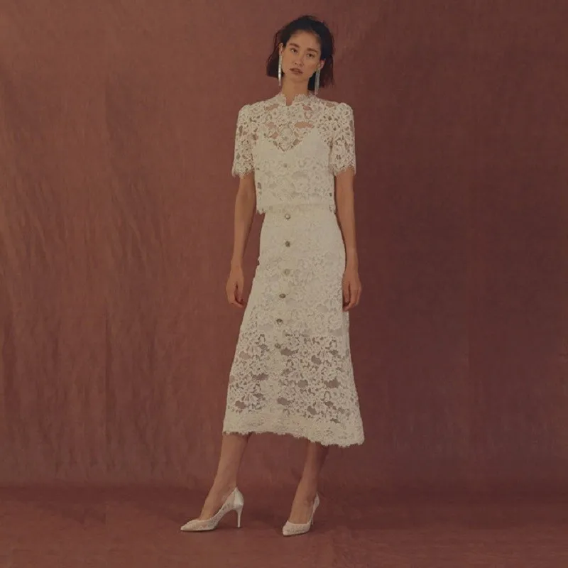 2019 Summer Lace two Piece set Women ensemble femme Beading Button Lace Shirt Top + Single-Breasted A-Line Long Skirt Office Set
2019 Summer Lace two Piece set Women ensemble femme Beading Button Lace Shirt Top + Single-Breasted A-Line Long Skirt Office Set