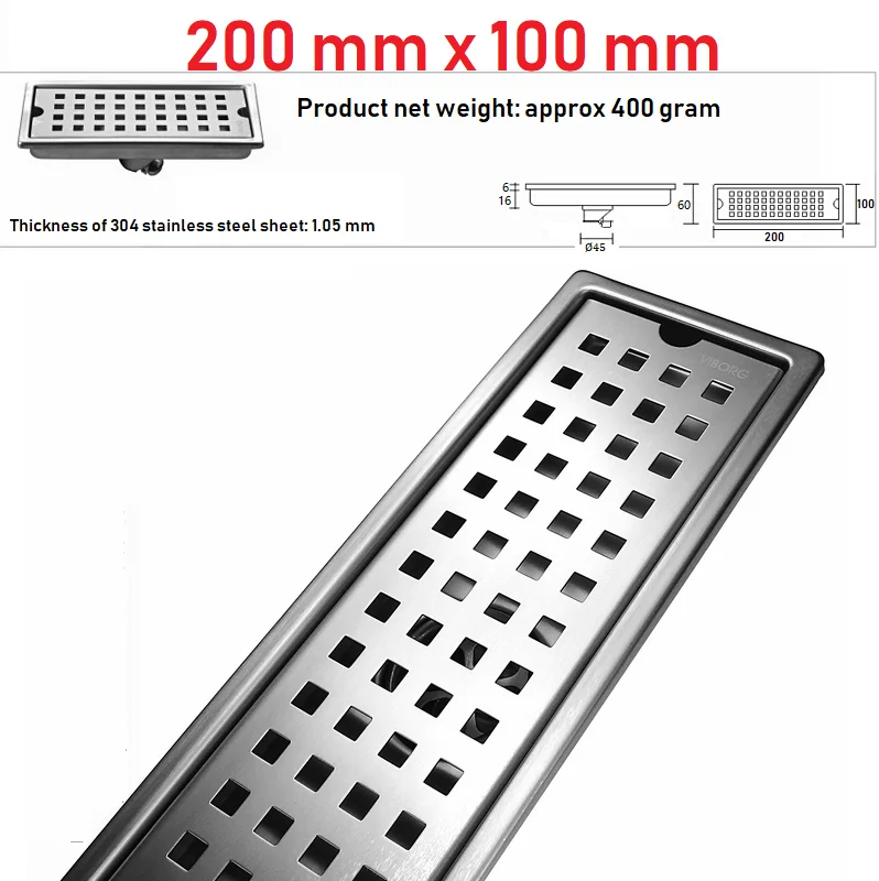 VIBORG 200mm x 100mm Deluxe 304 Stainless Steel Extra-thick Rectangular Bathroom Shower Linear Floor Drain Stainer Drainage
VIBORG 200mm x 100mm Deluxe 304 Stainless Steel Extra-thick Rectangular Bathroom Shower Linear Floor Drain Stainer Drainage